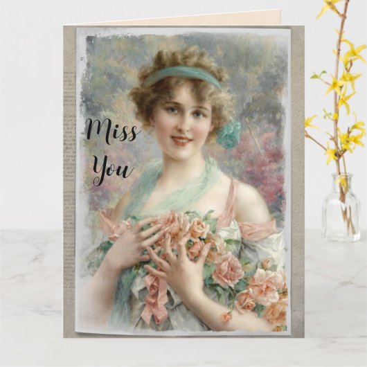 Viktorianische Frau mit Rose im Hintergrund Karte (Gelbe Blume)