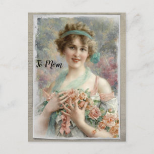 Viktorianische Frau mit Rosen in Aquarell Postkarte