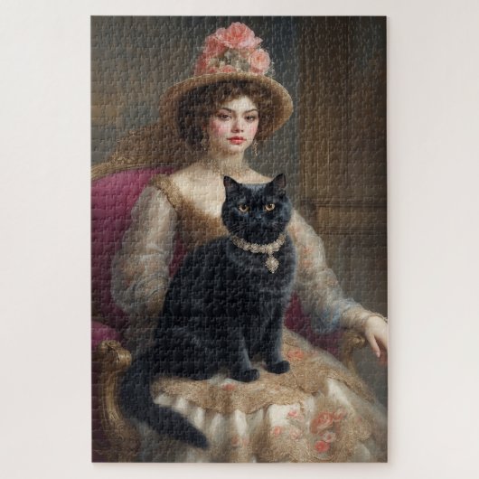 Viktorianische Frau mit schwarzer Katze Puzzle (Vertikal)