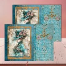 Viktorianische Frau Türkisblau – Decoupage-Seidenp