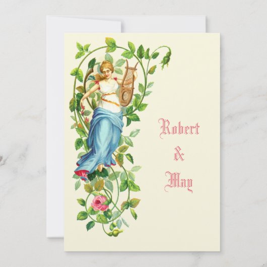 Viktorianische Frau und Harfe mit Hochzeit von Ros Einladung (Rückseite)