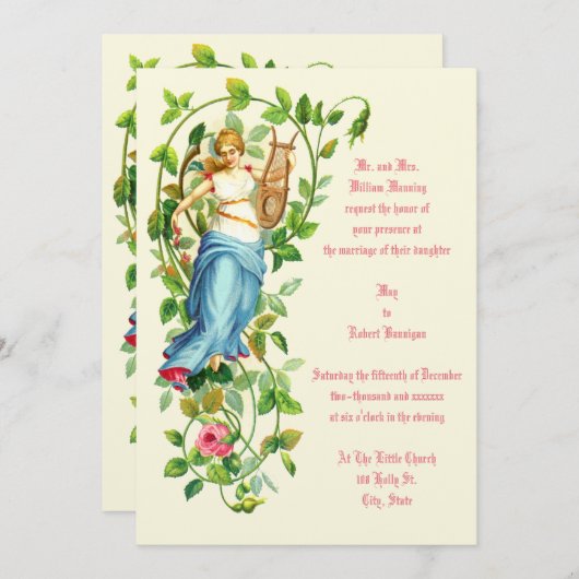 Viktorianische Frau und Harfe mit Hochzeit von Ros Einladung (Vorne/Hinten)