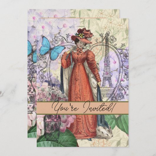 Viktorianische Frauen in rot-farbiger Mode Einladung (Vorne/Hinten)