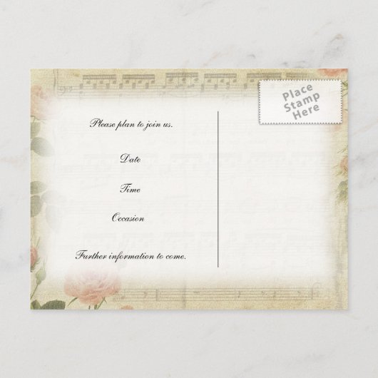 Viktorianische Ghost-Musik und Rose Save the Date Ankündigungspostkarte (Rückseite)