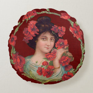 Viktorianische Gibson Girl Mohnblumen Art Nouveau Rundes Kissen