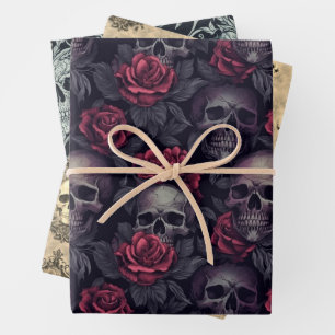 Viktorianische Gothic Skulls Damask Vintag Geschenkpapier Set