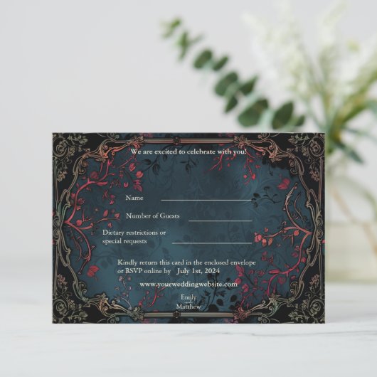 Viktorianische gotische Elegance Wedding RSVP Card Dankeskarte (Stehend Vorderseite)