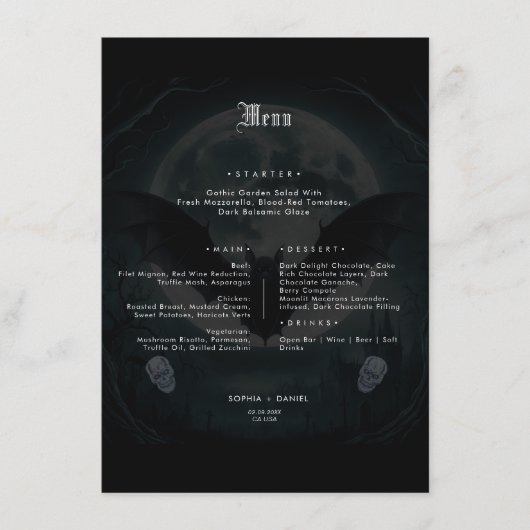 Viktorianische Gotische Hochzeitsnahrung für einfa Menükarte (Vorderseite)