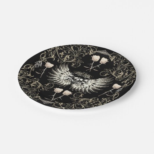 Viktorianische Gotische Romantik Schädelflügel & W Pappteller (Schrägansicht)