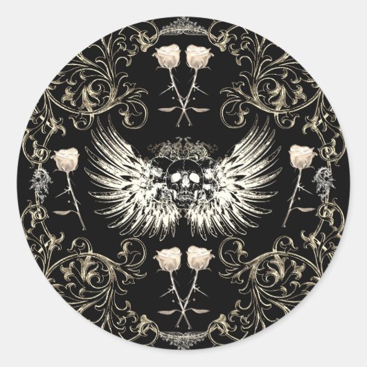 Viktorianische Gotische Romantik Schädelflügel & W Runder Aufkleber (Vorderseite)