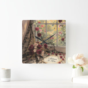 Viktorianische Herbst-Fenster-Spitzenvorhänge Rose Quadratische Wanduhr