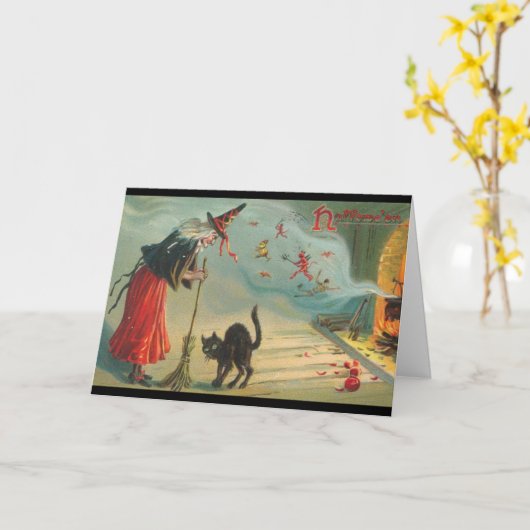 Viktorianische Hexenkarte und Katzen-Halloween-Kar Karte (Gelbe Blume)