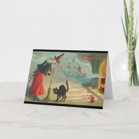 Viktorianische Hexenkarte und Katzen-Halloween-Kar Karte (Vorderseite)