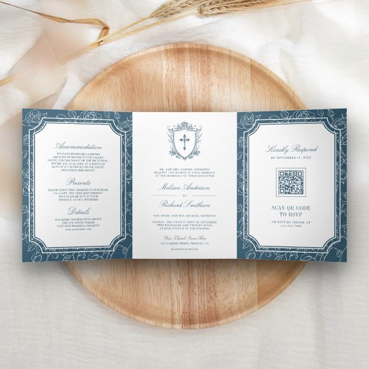 Viktorianische Hochzeit des Blue Katholic QR Code Dreifach Gefaltete Einladung