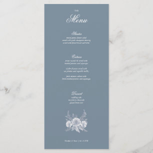 Viktorianische Hochzeit in Blau mit weißen Blumen Menükarte