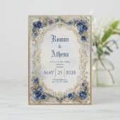 Viktorianische Hochzeit mit Blauer und Gold Einladung (Stehend Vorderseite)