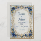 Viktorianische Hochzeit mit Blauer und Gold Einladung (Vorne/Hinten)