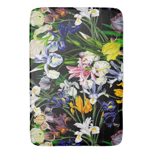 Viktorianische Iris-Blume auf schwarzem Muster Badematte (Vorderseite Vertikal)
