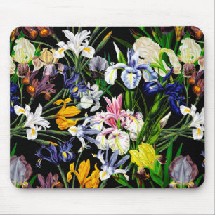 Viktorianische Iris-Blume auf schwarzem Muster Mousepad