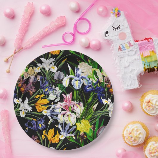 Viktorianische Iris-Blume auf schwarzem Muster Pappteller (Party)