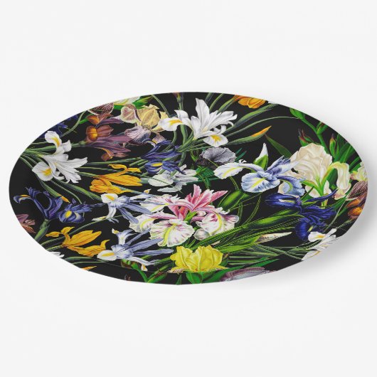 Viktorianische Iris-Blume auf schwarzem Muster Pappteller (Schrägansicht)