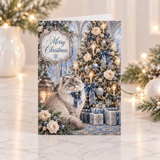 Viktorianische Katze Vintage Blaue Florale Weihnac Feiertagskarte