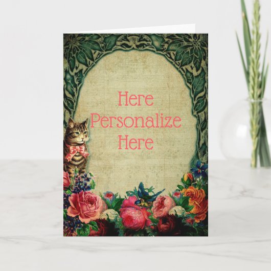 Viktorianische Katzenmusik Vintages grünes Button Karte (Vorderseite)