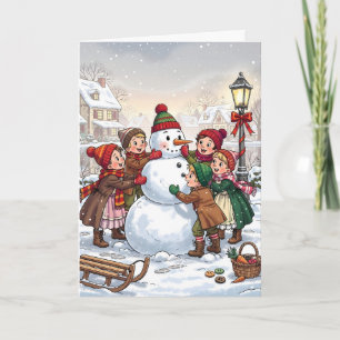 Viktorianische Kinder bauen einen Schneemann Karte