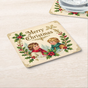 Viktorianische Kinder Frohe Weihnachten vintage Rechteckiger Pappuntersetzer