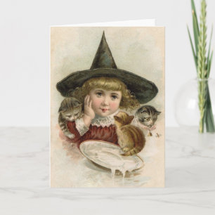 Viktorianische kleine Hexe und Kätzchen Halloween- Karte