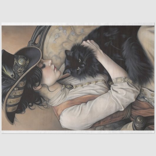 Viktorianische Lady Black Cat Decoupage Seidenpapier (Vorderseite)