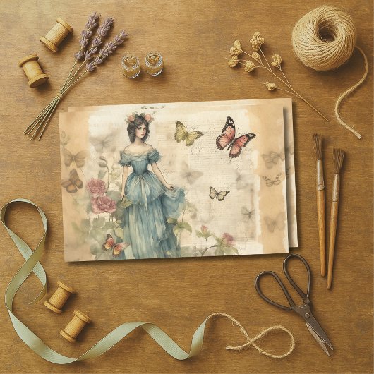 Viktorianische Lady & Butterfliegen Vintage Dekoup Seidenpapier