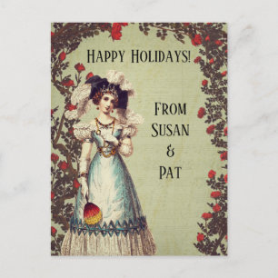 Viktorianische Lady im Rote Rose Garden mit Fan Feiertagspostkarte