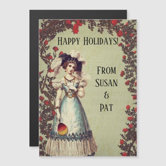 Viktorianische Lady im Rote Rose Garden mit Fan Magnetkarte (Vorne/Hinten)