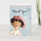 Viktorianische Lady in Federhut mit rosa Rosen Dankeskarte (Vorderseite)