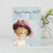 Viktorianische Lady in Federhut mit rosa Rosen Karte (Stehend Vorderseite)