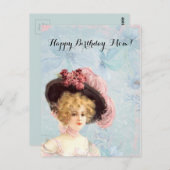 Viktorianische Lady in Federhut mit rosa Rosen Postkarte (Vorne/Hinten)