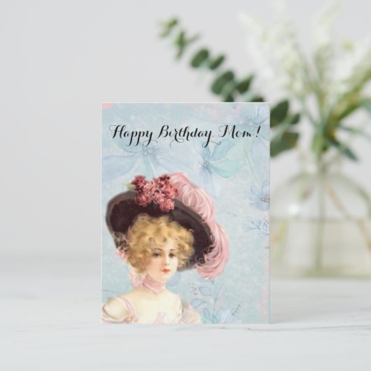 Viktorianische Lady in Federhut mit rosa Rosen Postkarte (Stehend Vorderseite)