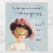 Viktorianische Lady in Federhut mit rosa Rosen Weinetikett (Einzelnes Label)