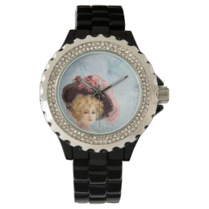 Viktorianische Lady in Hat Kristall Black Enamel Armbanduhr