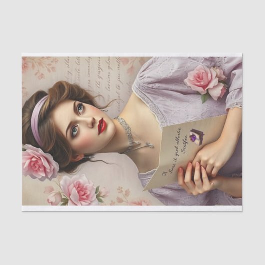 Viktorianische Lady Lilac Floral Script Decoupage Seidenpapier (Vorderseite)