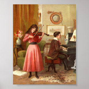 Viktorianische Lady Man spielt Geige Klavier Kunst Poster