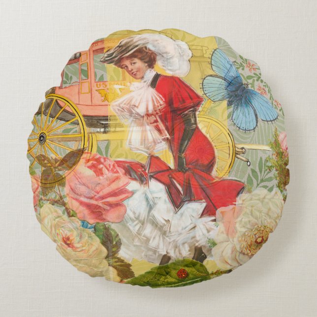 Viktorianische Lady Woman Fun Carriage Rundes Kissen (Vorderseite)