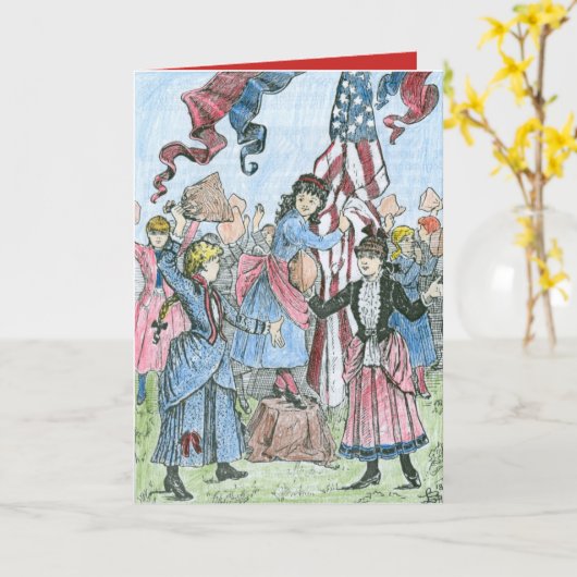 Viktorianische Mädchen, die 4. des Juli-Zitats Karte (Gelbe Blume)