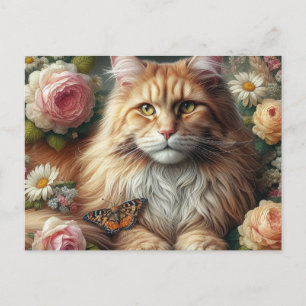 Viktorianische Maine-Coon-Katze mit rosa Rosen Postkarte