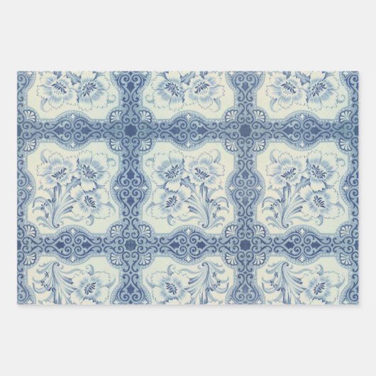 Viktorianische Majolika Antike Blauer und Weiße Bl Geschenkpapier Set (Vorderseite 3)