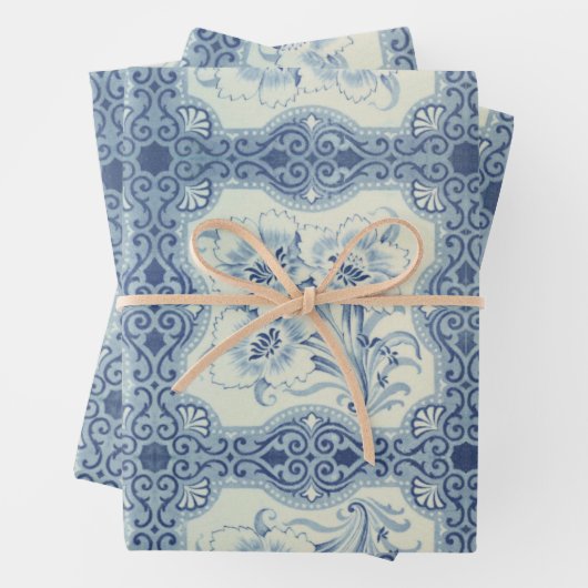 Viktorianische Majolika Antike Blauer und Weiße Bl Geschenkpapier Set (Beispiel)