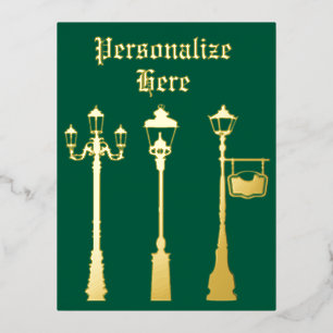 Viktorianische Messinglaterne grün gold Folien Feiertagspostkarte