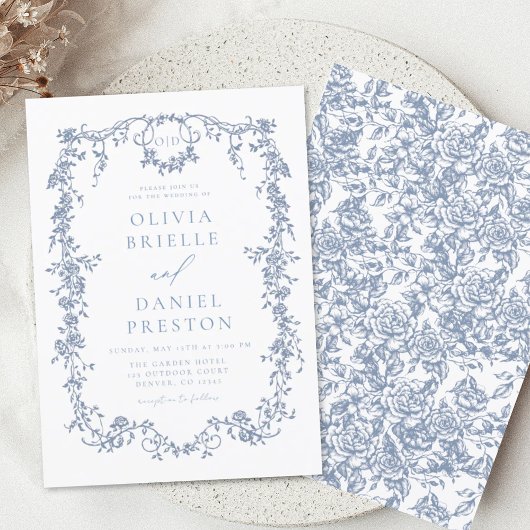 Viktorianische Monogram French Blue Floral Wedding Einladung