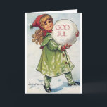 Viktorianische norwegische/dänische feiertagskarte<br><div class="desc">Vintage/viktorianische dänische/norwegische Weihnachtsgrußkarte.  Reizendes junges Mädchen,  das einen riesigen Schneeball trägt!  Gott Jul!</div>